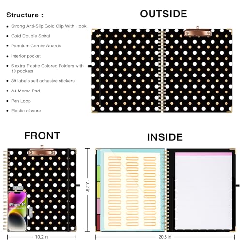 Ospelelf Clipboard with Storage 8.5 X 11,Padfolio Organizer, Spiral Portfolio Letter Size with Notepad, Pen Holder, 5 Extra Folder Divider Pages, Elastic Closure Nurse Office Essentials Black Gold - color: Black Gold