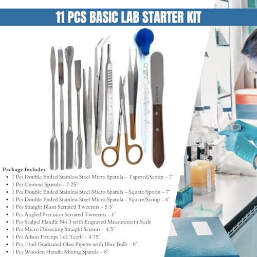 Multifunction Scientific Lab Tools Basic Starter Biology Chemistry Set includes Stainless Steel Micro Sampling Spoon Scoop Spatulas, Forceps, Scissors, Scalpel Handle, Glass Pipette - 11Pcs