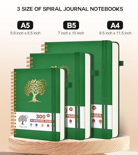 PERCUN Spiral Notebook 300 Numbered Lined Pages Hardcover Journal 5.9"x8.5" - color: Green, size: A5 size (5.9in x 8.5in)