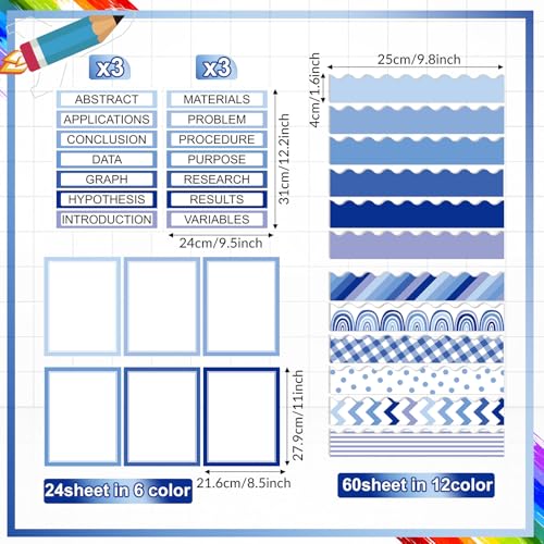 Fuyoooo 90 Pcs Science Fair Board Supplies 60 Trim Scalloped Bulletin Board Borders 24 Presentation Board Subtitles 6 Science Fair Titles for Classroom Display Boards (Blue Boho) - style: Blue Boho