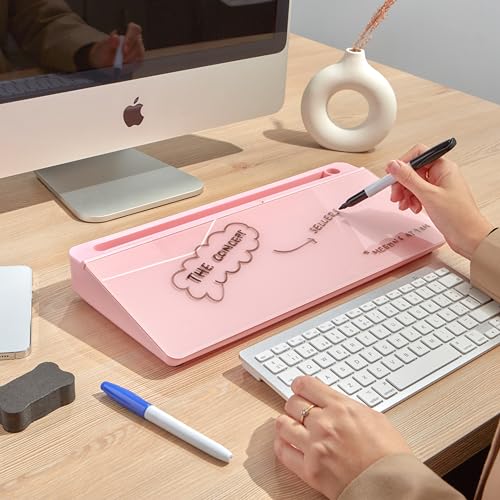 GAROOD Desktop Dry Erase Board with Storage Pink Color Desk White Board Desk Board Glass Desktop White Board with Stand Home Office Organizer Phone Holder 15.8X7X2 inches - color: Pink