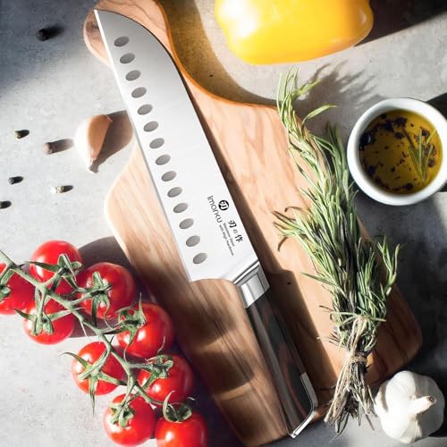 imarku Japanese Santoku Knife 7 Inch, Multi-Layer Forged, Powder Steel Core - color: Classic Brown