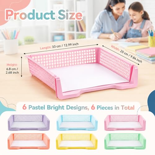 Set of 6 Pastel Turn in Trays for Teachers Stackable Classroom Paper Letter Trays Plastic Classroom Desk Letter Organizer Tray Storage Baskets for Library, Drawers, Office, Home - color: Pastel