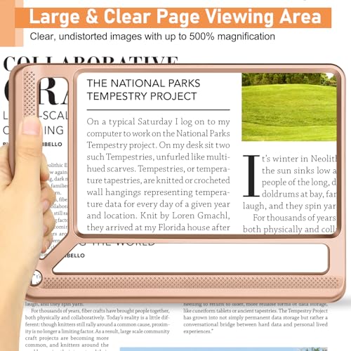 AKKYCVS 5X Full Page Magnifying Glass for Reading, Lightweight Rectangular Magnifier Provides Large Book Page Viewing Area, Handheld Magnifier for Reading Small Print for Seniors, Low Vision-Rose Gold - color: Pink