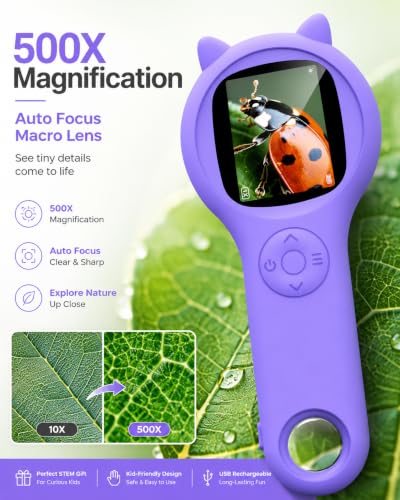 Kids Microscope, 500X Digital Magnifying Glass, Explore STEM Toy, Purple - color: Purple, size: 1 Pcs
