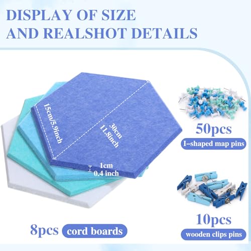 Mooliwe 8 Pcs 12 Inch Hexagon Cork Board Tiles Pins Clips, Blue - color: Blue
