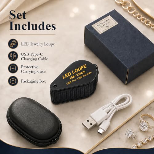 Jewelers Loupe Rechargeable Jewelry Magnifier, LED Loupe Triplet 10X with UV & LED Light for Jewelry, Watch Repair, Coins & Stamps (4 Lights Mode) - color: Black