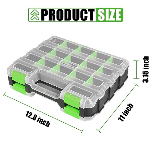 Tool Box with Transparent Lid, Double Side 34-Compartments Organizer Box with Removable Dividers for Hardware, Screws, Bolts, Nails, Beads, Jewelry and Fishing Accessories, Green, 2 Packs - color: Green, size: 2 PACK