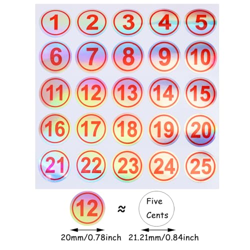 Mini Skater Laser Consecutive Number Stickers 1 to 25 Waterproof Round Labels Inventory Stickers 0.78 Inch Self Adhesive Number Decals for Classroom Office Indoor Storage Boxes (Red) - color: Red