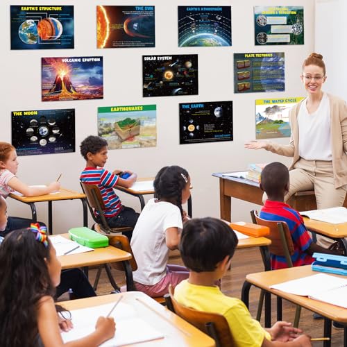 Pasimy 12 Pcs Science Classroom Posters Earth Solar System Moon Water Cycle Plate Tectonics Quakes Volcanic Geological Educational Posters for Middle High School Science Laboratory Wall Decorations
