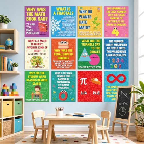 gisgfim 12Pcs Math Posters for Classroom Math Puns Poster Funny Mathematics Posters Bulletin Board Decorations Teacher Supplies for Elementary Middle High School Educational Wall Art Decor 14 x 11 In
