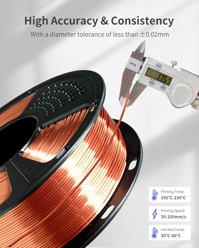 Silk PLA Filament 1.75mm, Clog-Free, Metal-Like Shiny 3D Printer Filament 1kg Spool (2.2lbs), Neatly Wound, +/- 0.02mm Precision, Vacuum Packaging, Fit Most FDM Printer, Metallic Copper - color: Silk Copper