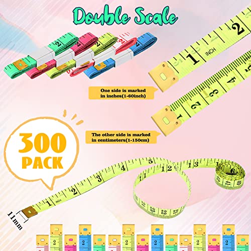 300 Pcs Soft Tape Measure Bulk Double Scale 150 cm/ 60 Inch Fabric Measuring Tape Body Measurement for Weight Loss Ruler Soft Ruler for Sewing Cloth Craft Supplies, Multi Color Random