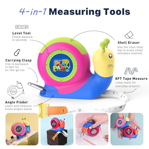 8ft Tape Measure for Kids, STEM Educational Tool with Level, Protractor and Eraser, Retractable Snail Shaped Measuring Tapes, Child-Safe Gift for Boys & Girls 3+, Double Green - color: Double Green
