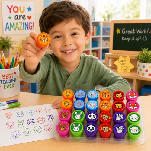Cinrobiye 24 Pcs Animal Stampers for Kids, Pre-Inked Safari Zoo Party Favor Set, Animal Theme Birthday Party Supplies, Classroom Rewards, Goody Bags, Piñata Fillers - color: Animal Face
