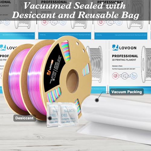 LOVOON 3D Printing Filament Bundle 2 KG, Silk Rainbow Gradient Green/Blue/Purple/Pink/Yellow 3D PLA Filament 1.75mm, Color Changing 3D Printer PLA Filaments,1KG X 2 Spools - color: Gradient Silk Rainbow, size: 2 kg