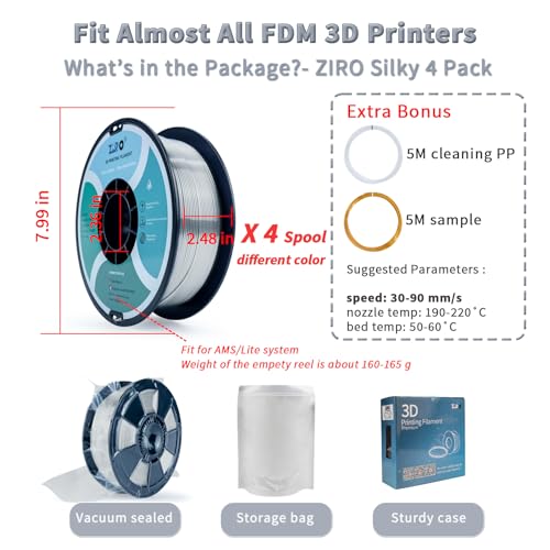 ZIRO Silk PLA Filament Bundle, 4 Packs1.75mm 3D Printing Filament Shiny, Glossy PLA for 3D Printing,1.75mm Metal-Like Surface Rich Color Spool, 1KG x 4 Spool, Silver, Red, Gold, Silver Black - color: Silky Pla-4pack (Silver, Gold, Red, Silver Black)