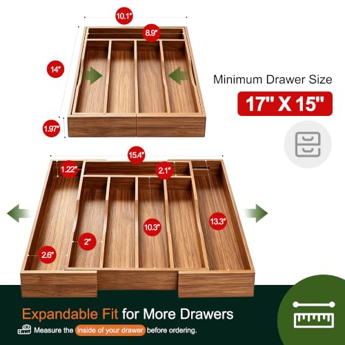 Expandable Acacia Kitchen Drawer Organizer for Cutlery and Utensils, Adjustable Acacia Wood Cutlery Tray in Drawer for Flatware and Silverware in Kitchen - color: Acacia, size: 7 Slots Expandable