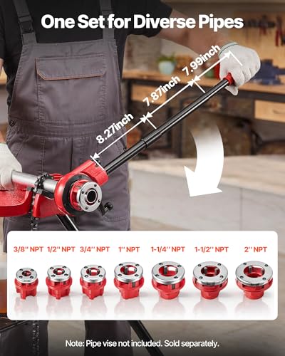 VEVOR Ratchet Pipe Threader Kit with 7 Dies, 3/8" NPT to 2" NPT Manual Ratcheting Pipe Threading Tool, Portable Pipes Threader Set with Toolbox for Plumbing Installation & Repair - size: 3/8" - 2"