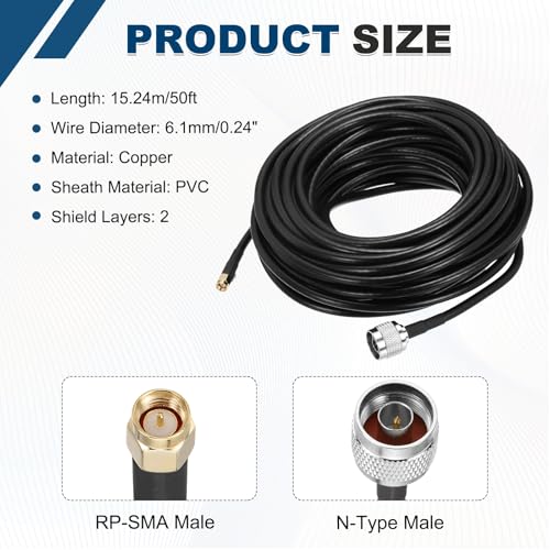 MECCANIXITY KMR240 Coax Extension Cable 50ohm 50Ft SMA Male to N-Type Male - size: 50ft