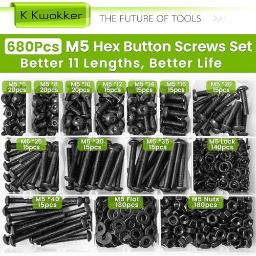 680 x M5 Nuts and Bolts Assortment Kit 6mm-40mm, 11 Length Button Head Hex Socket Cap Machine Screws 12.9 Alloy Steel M5 Screw Assortment, Bolts and Nuts Kit 6/8/10/12/14/16/20/25/30/35/40MM - size: E. M5