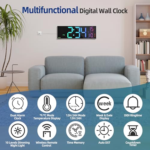 LEIKE 16.2" Digital Wall Clock – RGB, Remote, Dual Alarm, Auto-Brightness - color: White