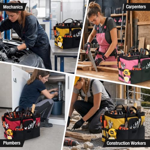 HISEA 3 Pack Heavy Duty Tool Bag, 16-Inch Waterproof Tools Organizer Tote - color: Red, Yellow, Pink, size: 16 Inch