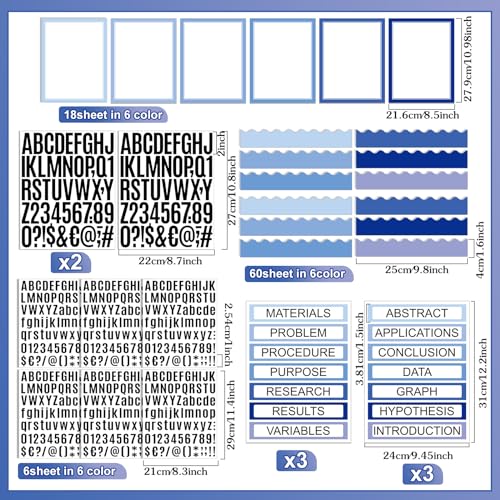 Sinload 92 Pcs Science Fair Board Supplies 60 Trim Scalloped Poster Boards 18 Presentation Subtitles 6 Project Titles 8 Letter Sticker for Classroom Display Boards(Blue Tone,Wave) - color: Blue Tone, style: Wave