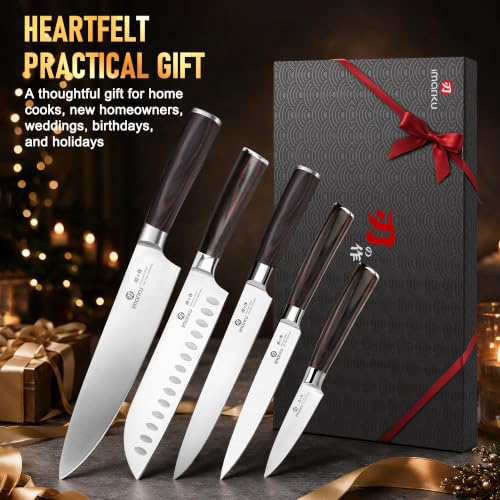 imarku 5PCS Kitchen Knife Set - Japanese High Carbon Stainless Steel Knives - color: Silver Blade with Brown Handle