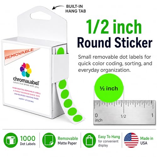 ChromaLabel Brand Fluorescent Green 1/2" Round Removable Stickers - 1000 Colored Dots for Arts & Crafts, Organization, Office, Retail, Classroom, Warehouse, Food Service, Medical - Made in USA - color: Fluorescent Green, size: 1/2"