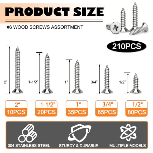 Dianrui 304 Stainless Steel Screws, #6 Flat Head Wood Screws Assortment Kit - color: Silver, size: 210PCS #6