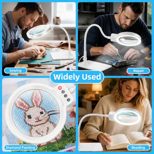 30X 12X Magnifying Glass with Light and Stand, LED Desk Magnifier for Craft - color: White