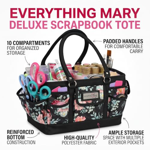 Everything Mary Deluxe Store & Tote Organizer – Black & Floral Craft Bag with Handle – Sewing, Scrapbooking & Art Supply Caddy – Stylish Storage for DIY Projects - color: Black & Floral, size: Large