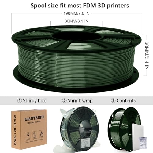 GIANTARM 3D Printer Filament, Shiny Silk Green PLA Filament, 1Kg(2.2lbs) Spool, 1.75mm Dimension Accuracy +/- 0.03mm, 3D Printing Filament,Fit Most FDM Printer - color: Silk Dark Green, size: 1kg
