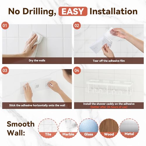 YASONIC Shower Caddy Adhesive, Rustproof Shower Organizer, Wall Shower Rack - color: White