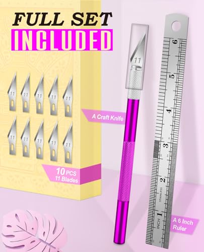 DIYSELF Craft Hobby Knife Set with 10 Extra #11 Blades, 6-Inch Metal Ruler - color: Purple-10pcs