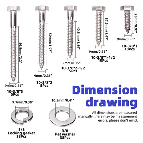 Glarks 114Pcs 3/8" 304 Stainless Steel Hex Lag Screws Assortment Kit Hex Lag Bolts with Flat Washers and Lock Washers Set for Fixing Metal, Wood, Plastic Materials - size: 3/8" Hex Lag Screws Set