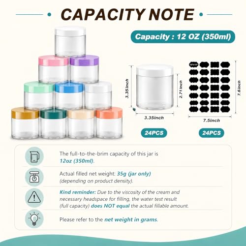 24 Pack 12 oz Amber PET Jars with Black Lids and Labels for Body Butter - color: Amber with Black Lid, size: 12 oz