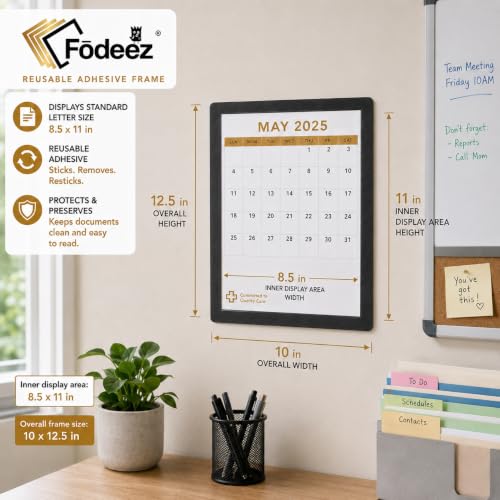 8.5 x 11 Adhesive Wall Frames - Peel & Stick Picture Frames, Wall Sign Holder, Paper & Letter Protector Sheets, Reusable, Dry Erase, Non Magnetic & Non Acrylic - Black, Pack of 5 - color: Black