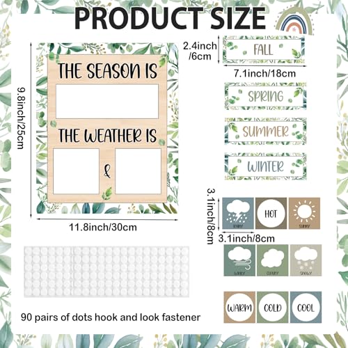 Eucalyptus Leaves Season and Weather Calendar Bulletin Board Season Calendar Posters with Weather Cards Hook and Loop Dots for Classroom Wall Decor Preschool Kindergarten Student Teacher Supplies - style: Eucalyptus Leaves