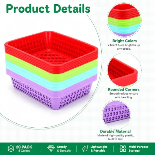 Jucoan 20 Pack Classroom Storage Baskets,10 x 7 x 2.5 Inch Colorful Stackable Desktop Plastic Storage Organizer Tray, Pen Pencil Paper Organizer Tray for School Office Library