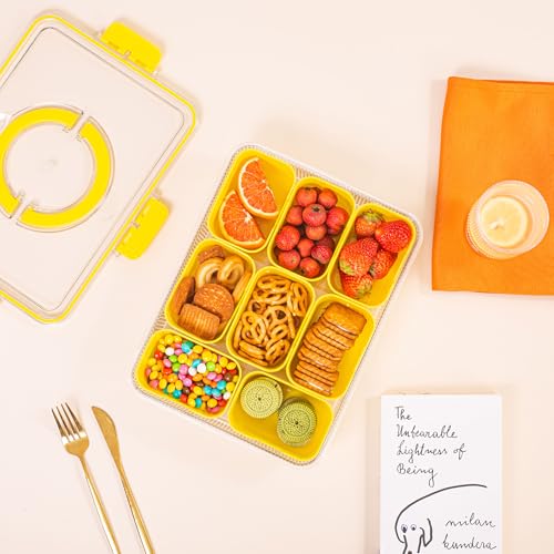 Patent Divided Serving Tray with Lid & Handle - Snackle Box Organizer for Charcuterie, Veggies, Fruits, Candy - Portable Food Storage for Travel, Beach, Picnics(1 pcs, Yellow) - color: Yellow