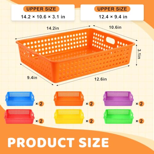 12 Pack Classroom Storage Baskets, Plastic Paper Trays for Desk Organization, Turn-in Trays for Teachers and Students, Stackable Organizer Bins for School Office-Bright Color