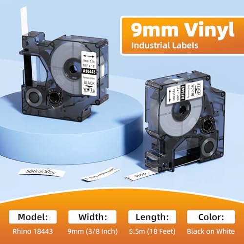 Compatible with Dymo Rhino 18443 9mm 3/8" x 18' Permanent Vinyl Label Tape - size: 3/8 inch, style: Permanent Vinyl