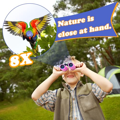 Real Binoculars for Kids Gifts for 3-12 Years Boys Girls 8x21 High-Resolution Optics Compact Toy Binocular for Bird Watching,Travel, Camping - color: Pink