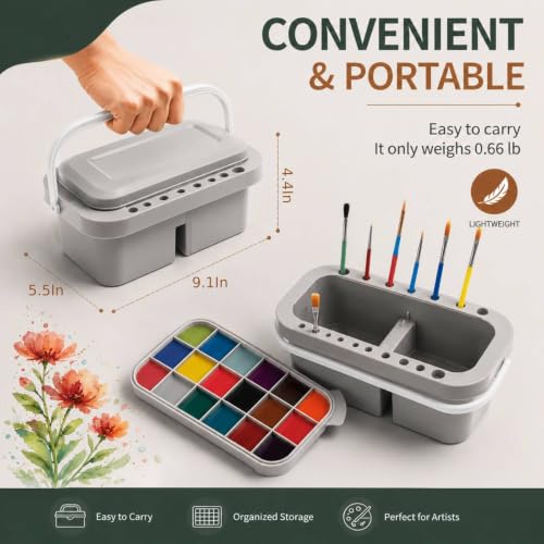 WUWEOT 3 Pack Multi-Use Paint Brush Basin Paint Brush Tub, Plastic Paint Brush Washer, Cleaner and Holder, 18 Palette Wells, Lid for Indoor Outdoor Watercolor Oil Acrylic Gouache Painting