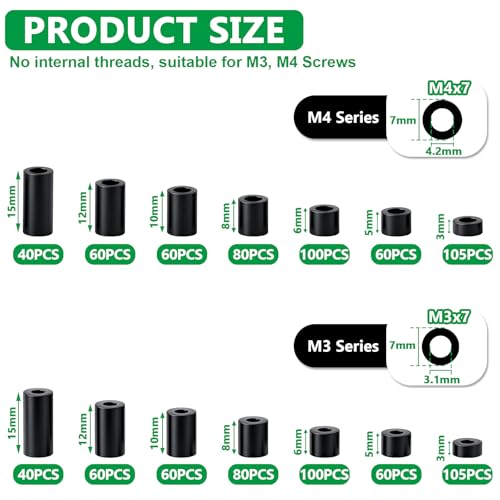 1010PCS Black M3 M4 Nylon Spacers Kit, 14 Sizes- 3mm,5mm,6mm,8mm,10mm,12mm,15mm Length for M3 M4 Screws, Non-Threaded Round Plastic Spacers Suitable for Switch & Receptacle Screws - color: Black, size: 1010PCS (M3 M4)