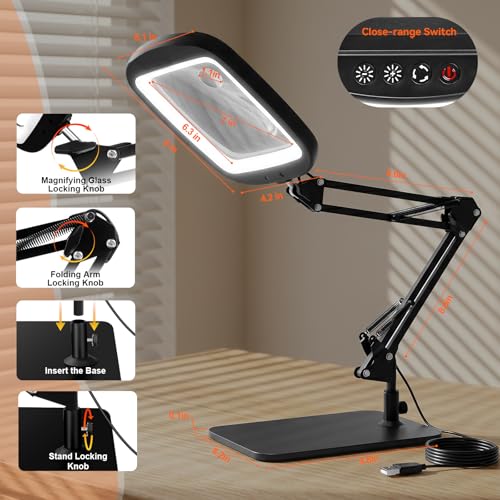 10X 30X Extra Large Magnifying Glass with Light and Stand 7-inch