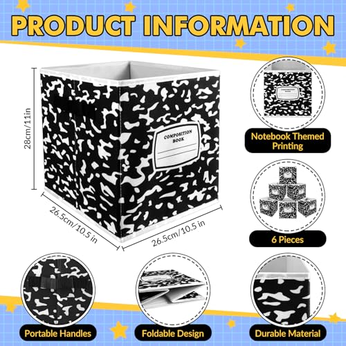 Demonwer 6 Pcs 11 Inch Fabric Storage Bins Notebook Themed Cubby Basket Bins with Handles Notebook Storage Containers for Back to School Decorations Office Home Organizer Supplies