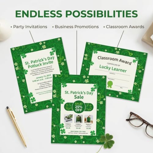 PaperDirect St. Pat's Parade Border Paper, Bright Green Border with Swirls and 4-Leaf Clovers Design, 8.5 x 11, Acid-Free, Stationery for Saint Patrick's Day Cards, 25 Sheets - color: St. Pats Parade